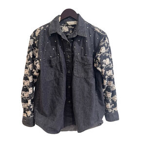 Vintage Cache Floral Embroidered Denim Shirt Jacket S Boho Western Studded USA